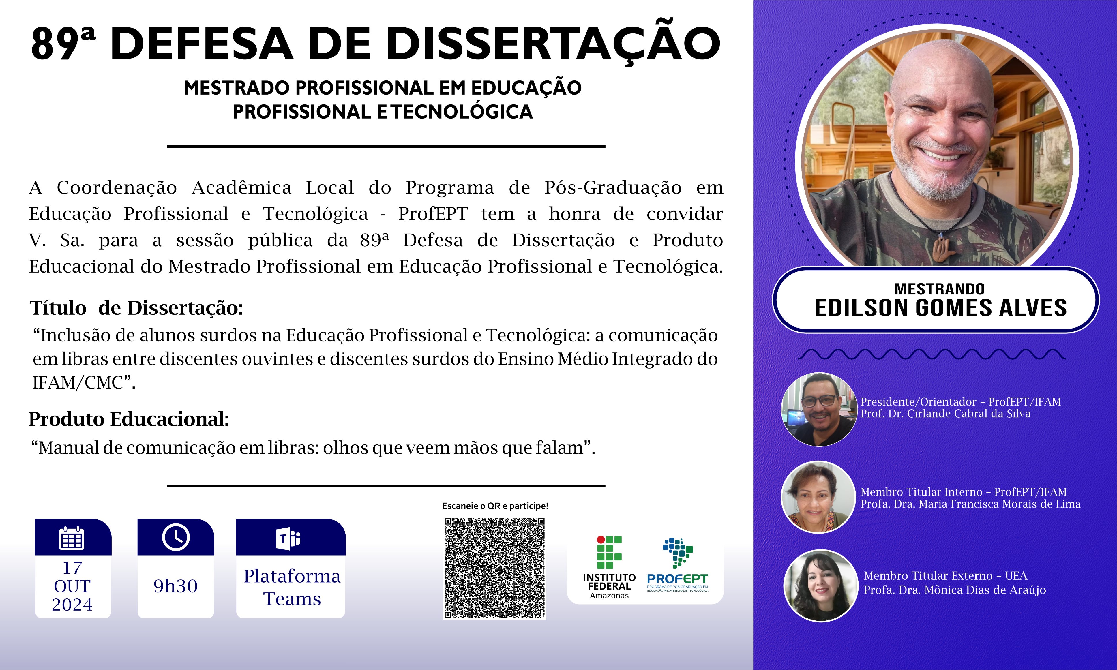 89ª Defesa de dissertação. Mestrado Profissional em Educação Profissional e Tecnológica