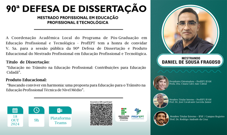90ª Defesa de dissertação. Mestrado Profissional em Educação Profissional e Tecnológica