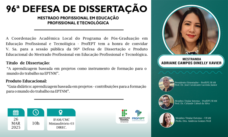 96ª Defesa de dissertação. Mestrado Profissional em Educação Profissional e Tecnológica